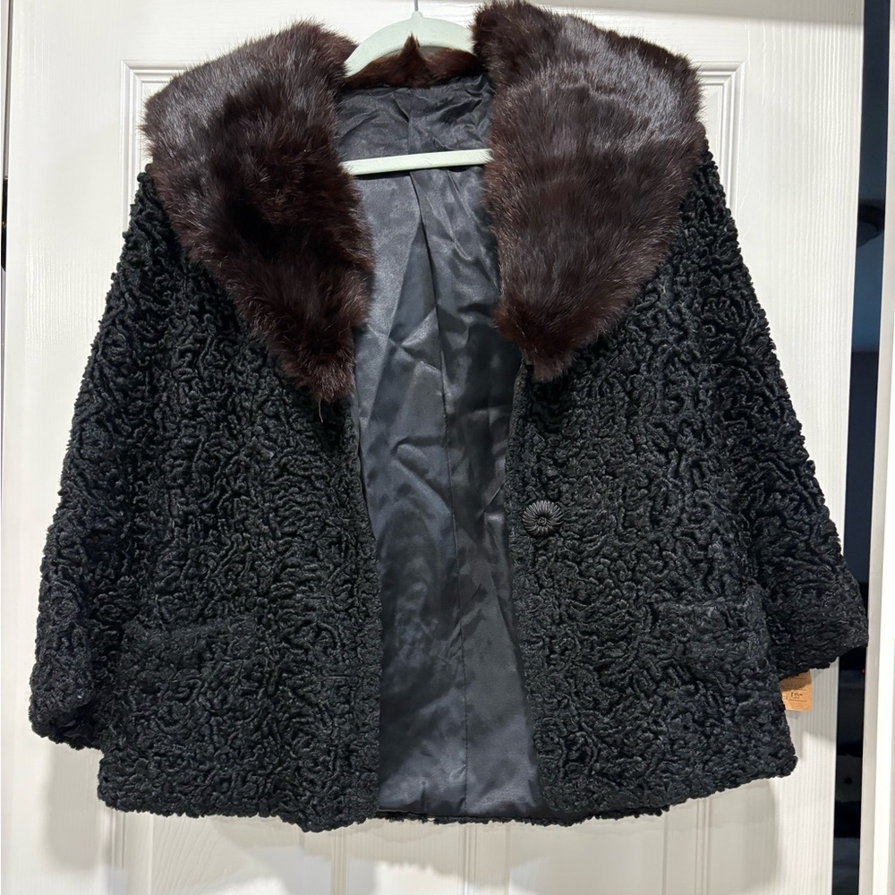 Vintage Black Persian Lamb Fur Coat with Brown Mink Collar – Personalized Lining